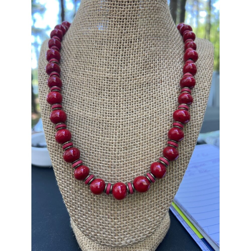 Vintage Red Ceramic Pottery Beaded Necklace Brass Accent Rings Hook Closure 24"